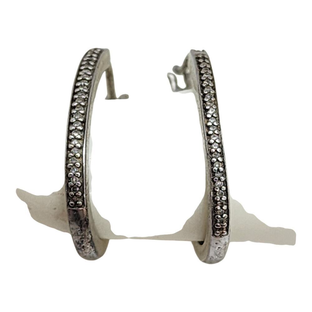 Sterling Silver Diamond Hoop Earrings Pave Set Oval Hoops Vintage Style - Picture 4 of 16